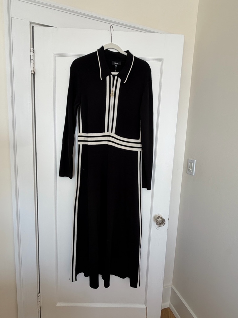 ME+EM Black Long-Sleeve Knit Polo Dress with White Stripe Accents